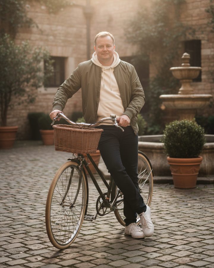 Jesper with a bicycle in a courtyard